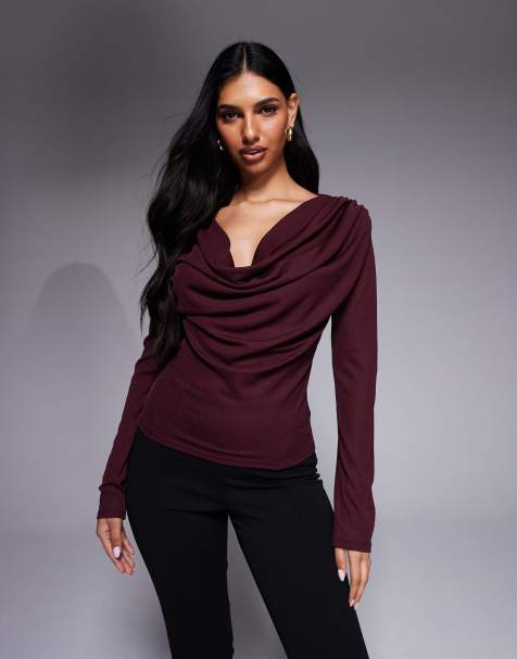 ASOS DESIGN semi sheer draped neck long sleeve top in wine