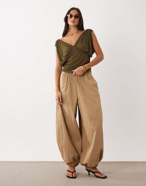 ASOS DESIGN semi sheer drapey v neck top in khaki, 2 of 4