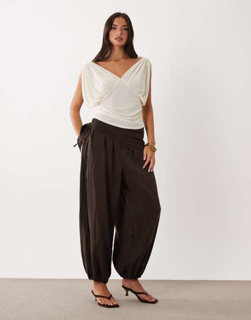 ASOS DESIGN semi sheer drapey v neck top in off white, 2 of 4