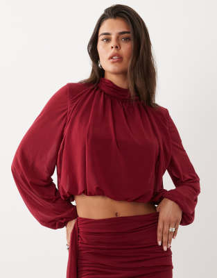 Asos Design Semi Sheer High Neck Long Sleeve Top With Bubble Hem In Red