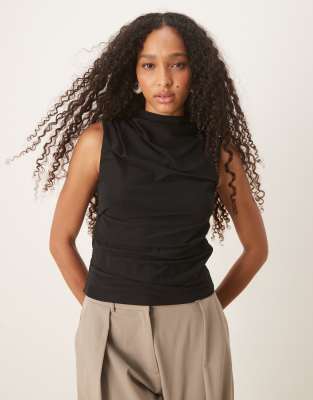 Asos Design Semi Sheer High Neck Ruched Top In Black