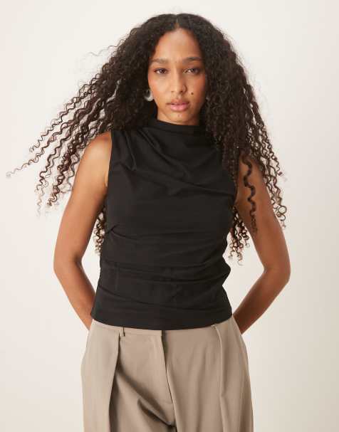 ASOS DESIGN semi sheer high neck ruched top in black - view 1