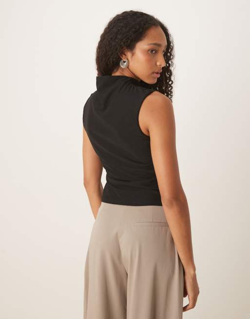 ASOS DESIGN semi sheer high neck ruched top in black, 3 of 4