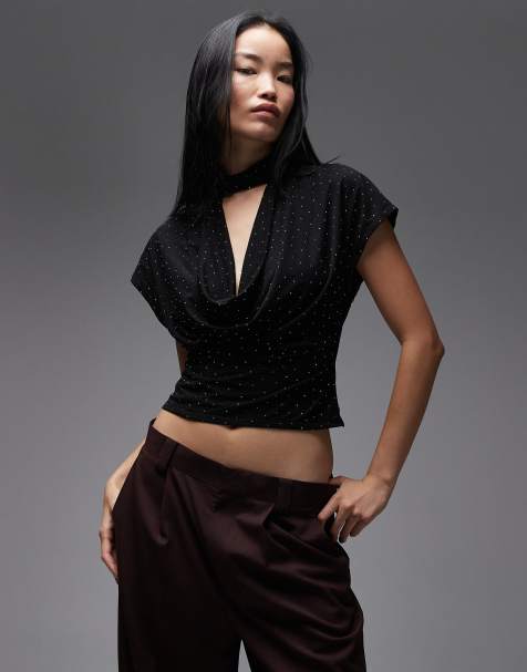 ASOS DESIGN semi sheer hot fix deep cowl neck top in black