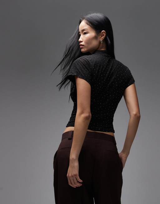 ASOS DESIGN semi sheer hot fix deep cowl neck top in black, 4 of 4