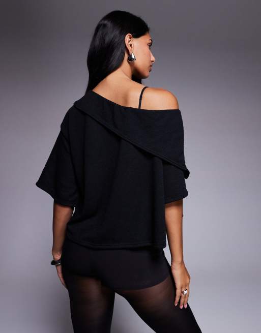 ASOS DESIGN semi sheer knit cape top with fold detail in black | ASOS