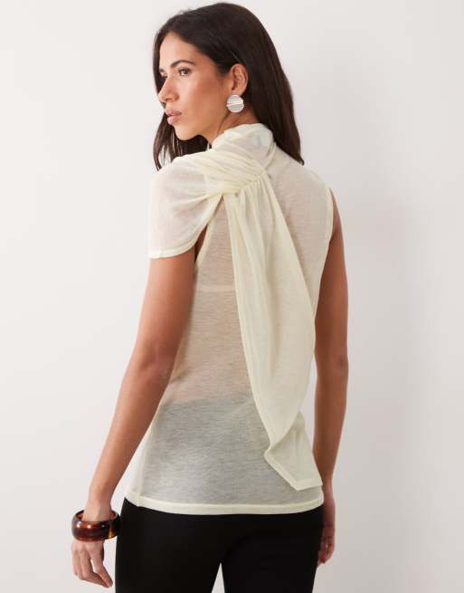 ASOS DESIGN semi sheer knit look asymmetric drape detail top in cream, 4 of 4