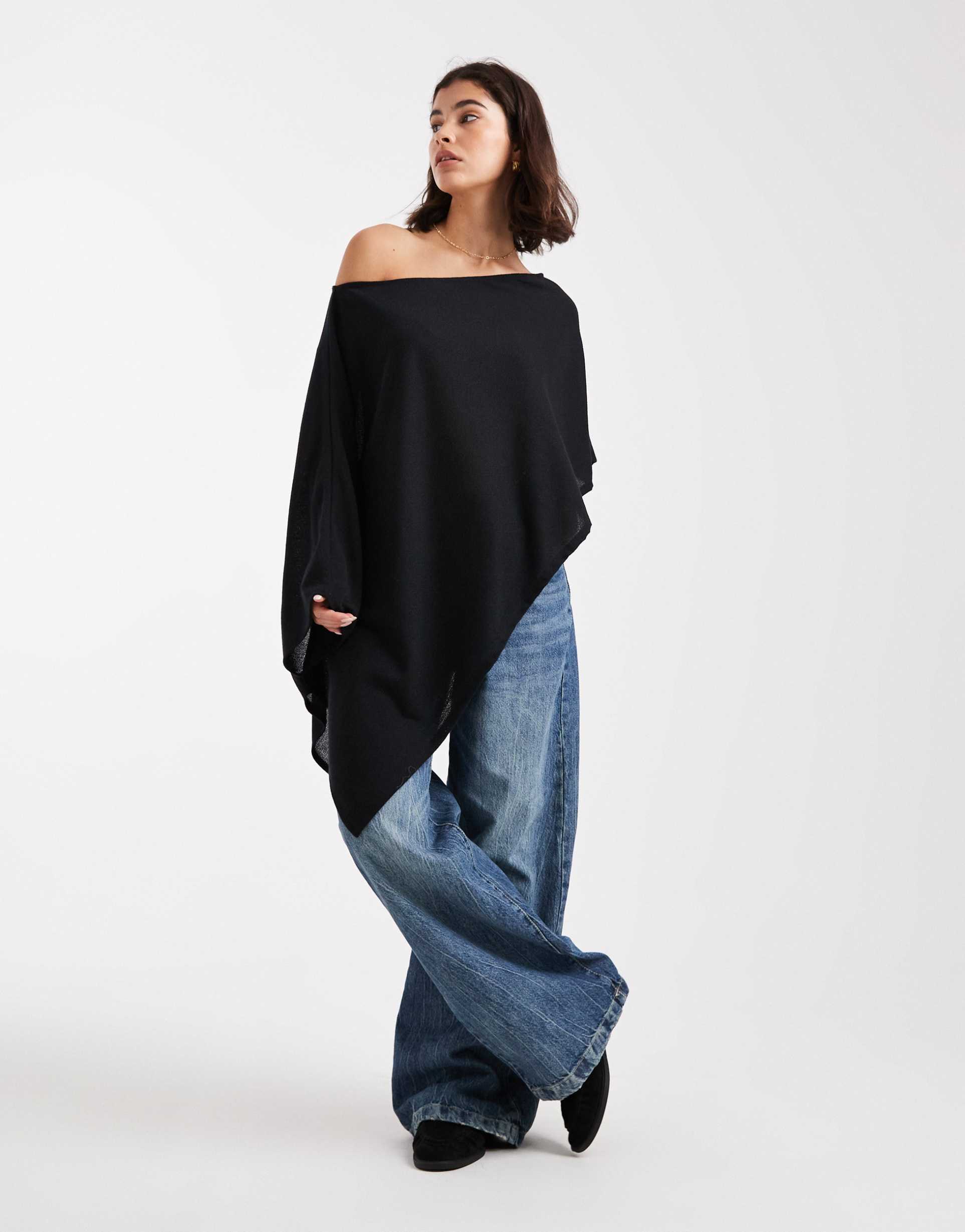 asos design semi sheer knit-look asymmetric one shoulder cape in black