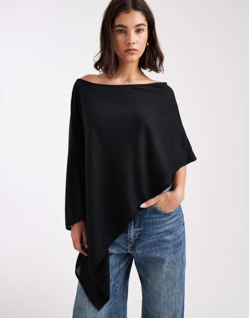 ASOS DESIGN semi sheer knit-look asymmetric one shoulder cape in black