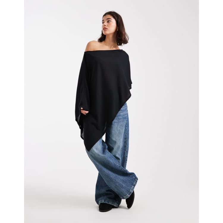 DESIGN semi sheer knit-look asymmetric one shoulder cape in black