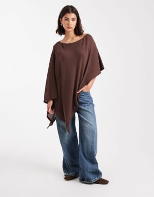 Asos Design Semi Sheer Knit-look Asymmetric One Shoulder Cape In Brown