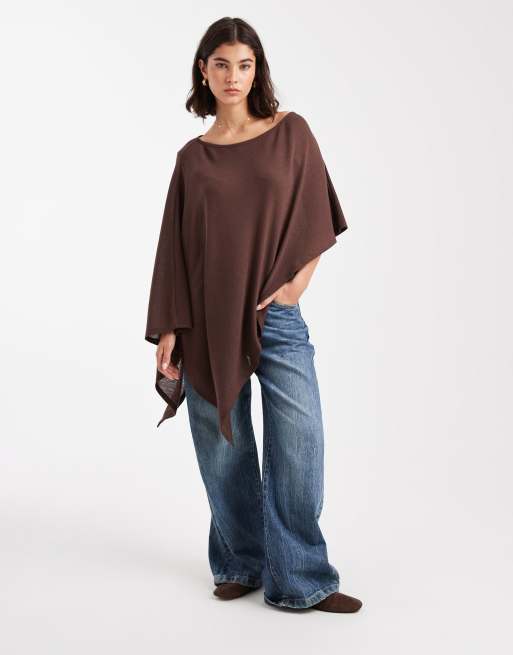 ASOS DESIGN semi sheer knit-look asymmetric one shoulder cape in brown