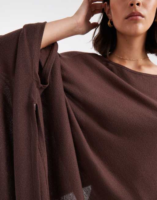 ASOS DESIGN semi sheer knit-look asymmetric one shoulder cape in brown