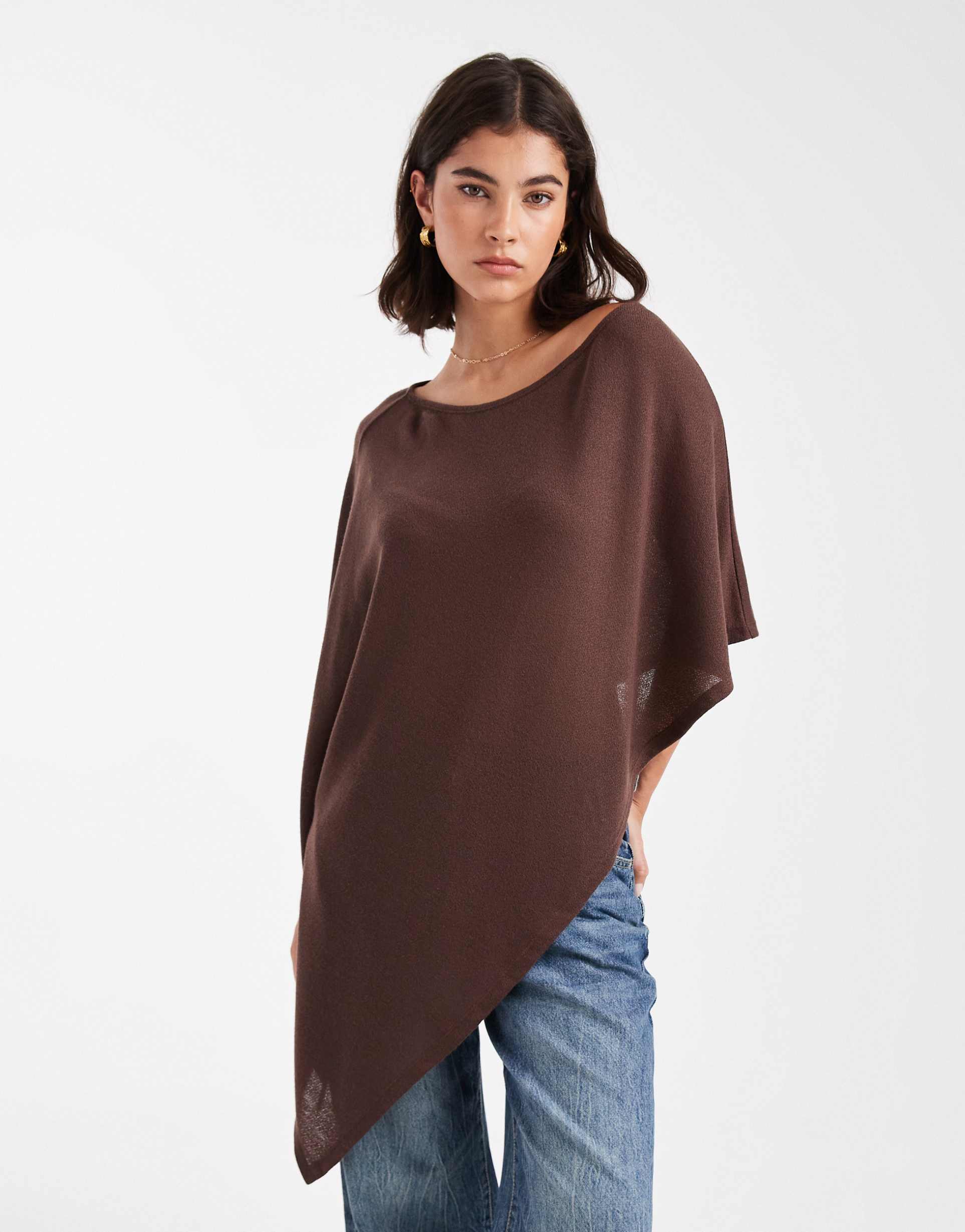 asos design semi sheer knit-look asymmetric one shoulder cape in brown