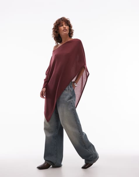 ASOS DESIGN semi sheer knit-look asymmetric one shoulder cape in burgundy - view 1
