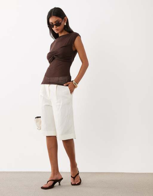 ASOS DESIGN semi sheer knit look cap sleeve top with ruched bust overlay in chocolate, 2 of 4
