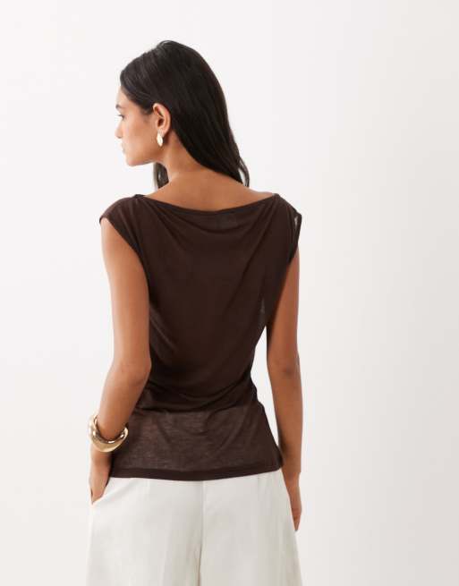 ASOS DESIGN semi sheer knit look cap sleeve top with ruched bust overlay in chocolate, 4 of 4
