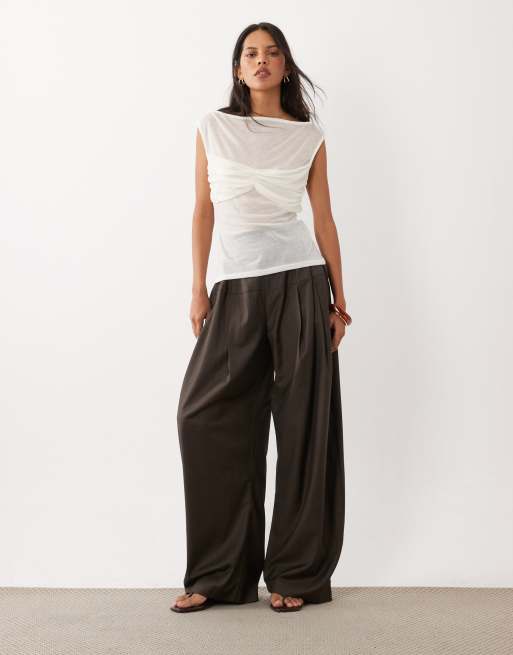 ASOS DESIGN semi sheer knit look cap sleeve top with ruched bust overlay in ivory, 2 of 4