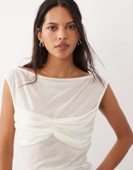 ASOS DESIGN semi sheer knit look cap sleeve top with ruched bust overlay in ivory, 3 of 4
