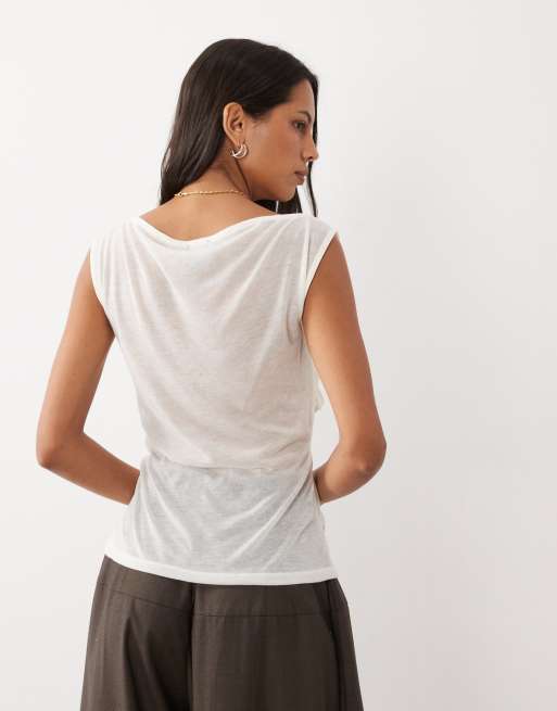 ASOS DESIGN semi sheer knit look cap sleeve top with ruched bust overlay in ivory, 4 of 4