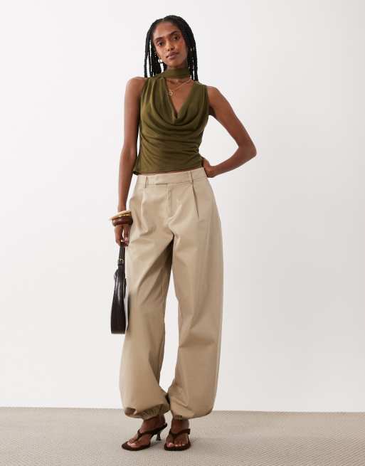 ASOS DESIGN semi sheer knit look cowl scarf neck tank top in olive, 2 of 4