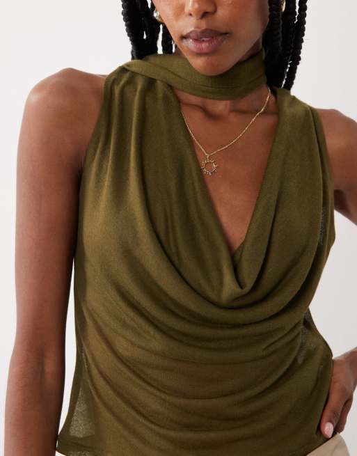 ASOS DESIGN semi sheer knit look cowl scarf neck tank top in olive, 3 of 4