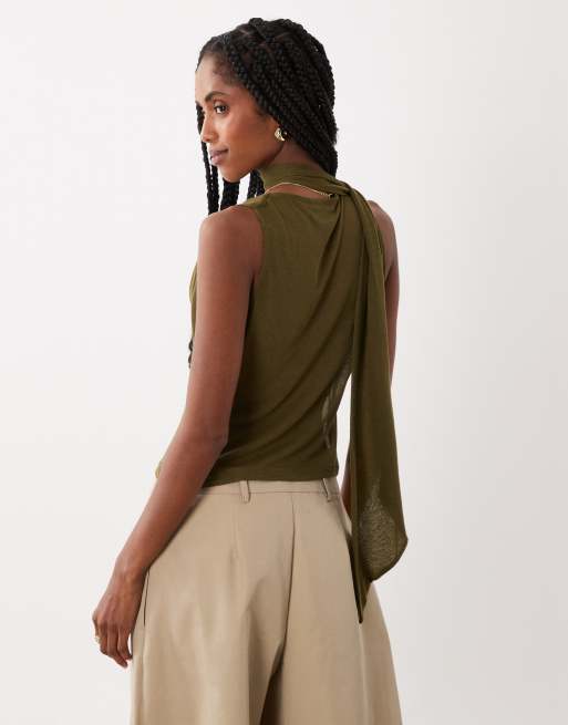 ASOS DESIGN semi sheer knit look cowl scarf neck tank top in olive, 4 of 4