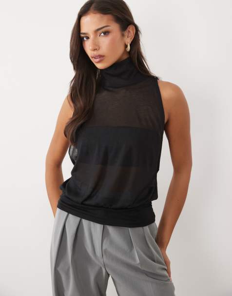 ASOS DESIGN semi sheer knit look funnel neck tank top in black - view 1