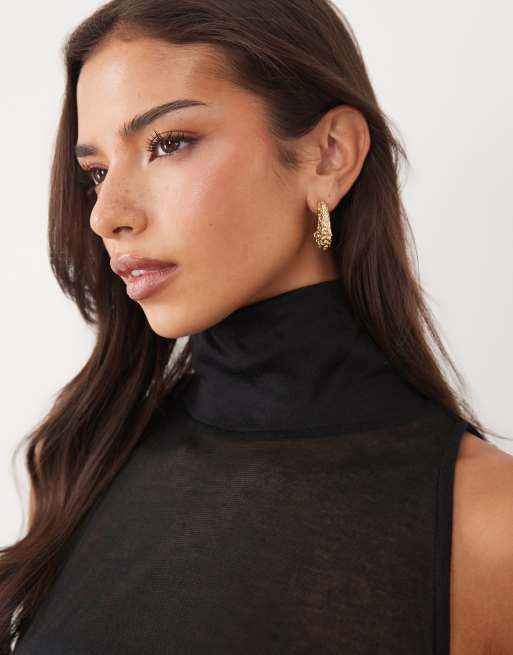 ASOS DESIGN semi sheer knit look funnel neck tank top in black, 3 of 4