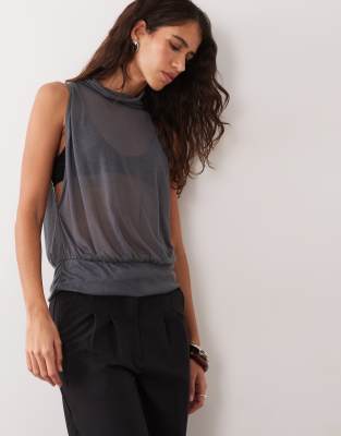 Asos Design Semi Sheer Knit Look Funnel Neck Tank Top In Gray