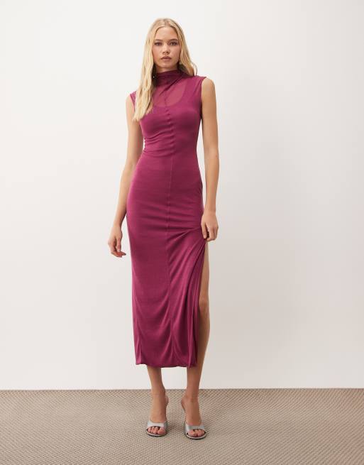 ASOS DESIGN semi sheer knit look high neck sleeveless column maxi dress in raspberry, 2 of 4