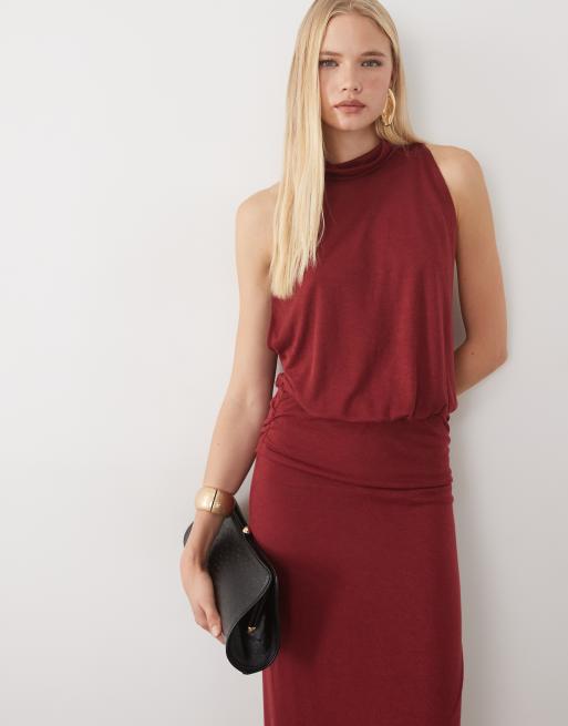 ASOS DESIGN semi sheer knit look high neck sleeveless maxi dress in berry, 2 of 4