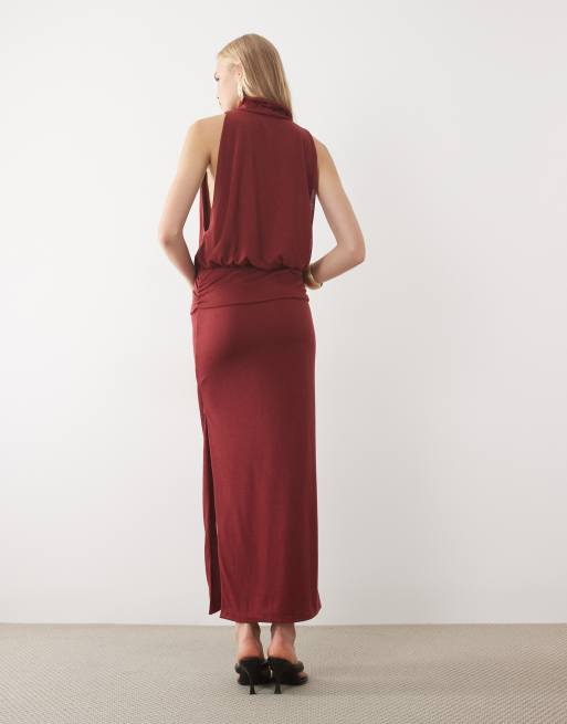 ASOS DESIGN semi sheer knit look high neck sleeveless maxi dress in berry, 3 of 4