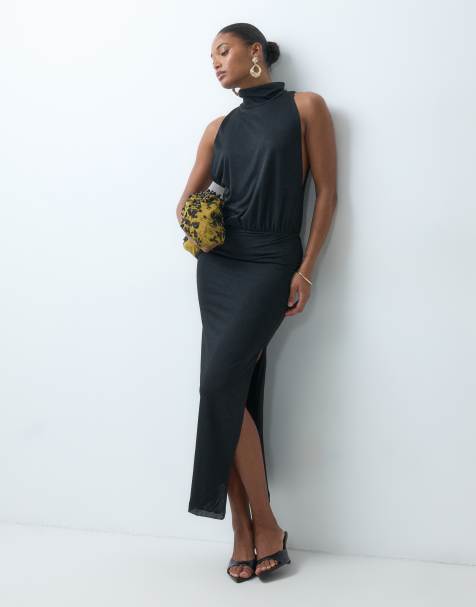 ASOS DESIGN semi sheer knit look high neck sleeveless maxi dress in black
