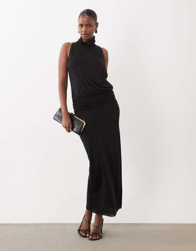 ASOS DESIGN semi sheer knit look high neck sleeveless maxi dress in black