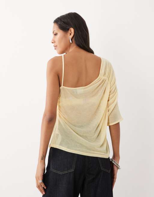 ASOS DESIGN semi sheer knit look one shoulder top with ruching in buttermilk, 4 of 4