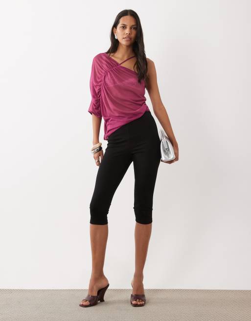 ASOS DESIGN semi sheer knit look one shoulder top with ruching in raspberry, 2 of 4