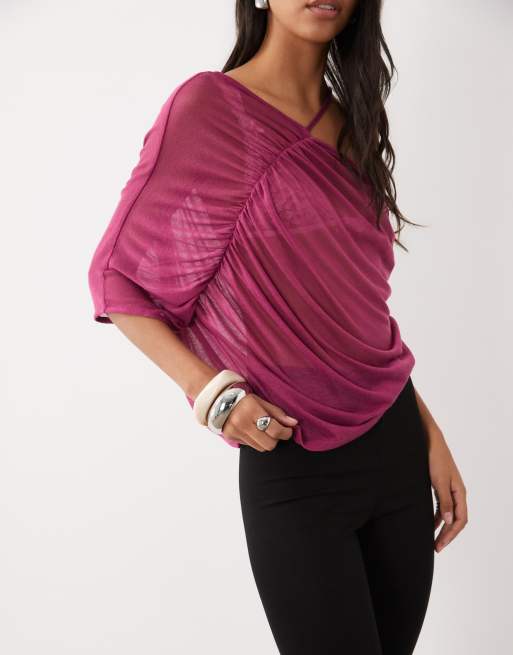 ASOS DESIGN semi sheer knit look one shoulder top with ruching in raspberry, 3 of 4