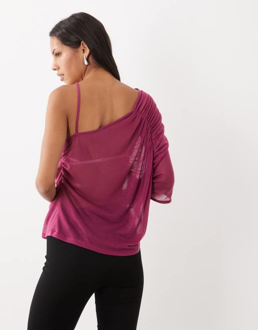 ASOS DESIGN semi sheer knit look one shoulder top with ruching in raspberry, 4 of 4