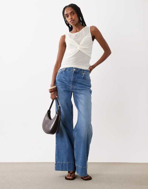 ASOS DESIGN semi sheer knit look tank with ruched bust overlay in ivory, 2 of 4