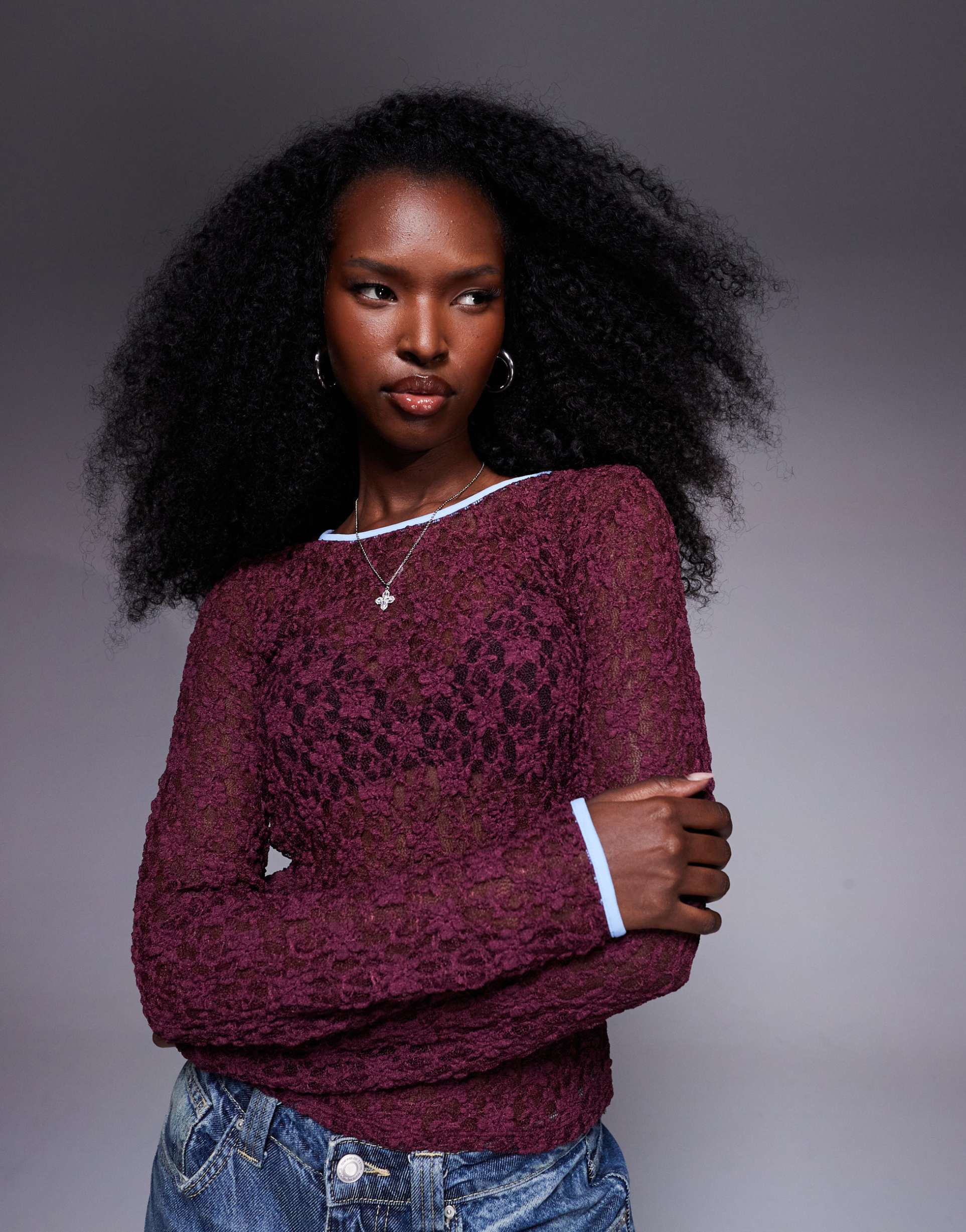 asos design semi-sheer lace crew neck top with contrast bind in berry and blue