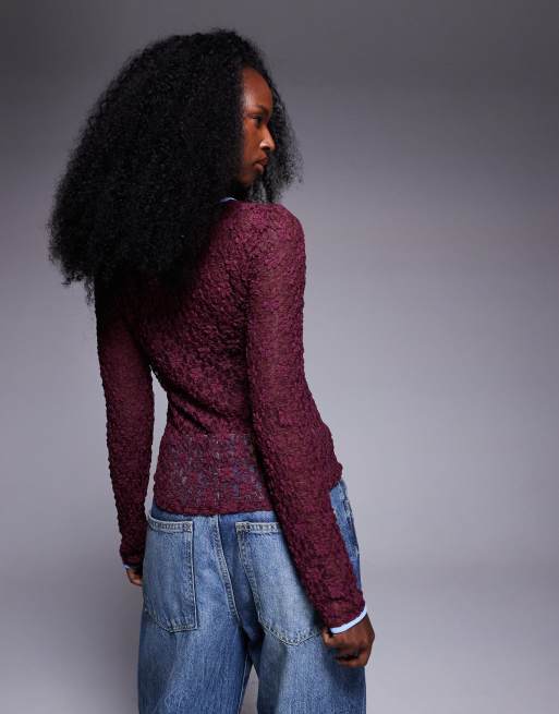 ASOS DESIGN semi-sheer lace crew neck top with contrast bind in berry and blue