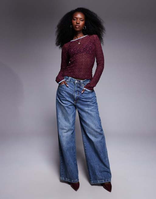 ASOS DESIGN semi-sheer lace crew neck top with contrast bind in berry and blue