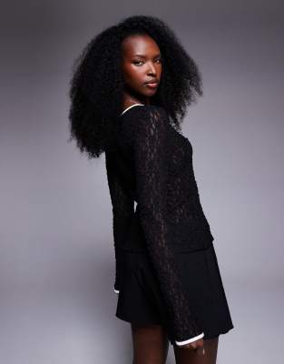 Asos Design Semi-sheer Lace Crew Neck Top With Contrast Bind In Black