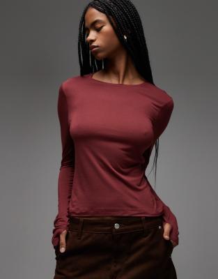 Asos Design Semi Sheer Long Sleeve Second Skin Top In Red