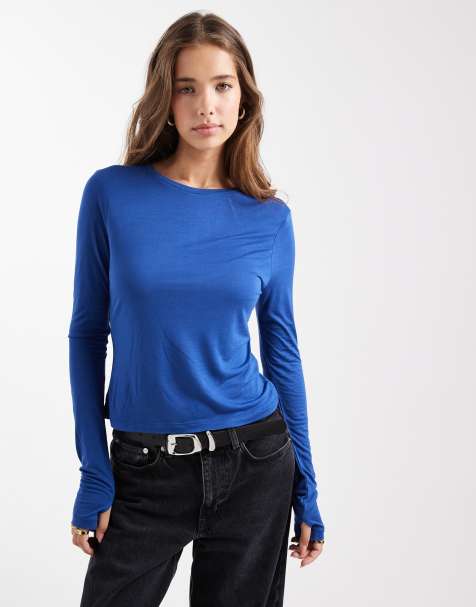 ASOS DESIGN semi sheer long sleeve second skin top in blue - view 1