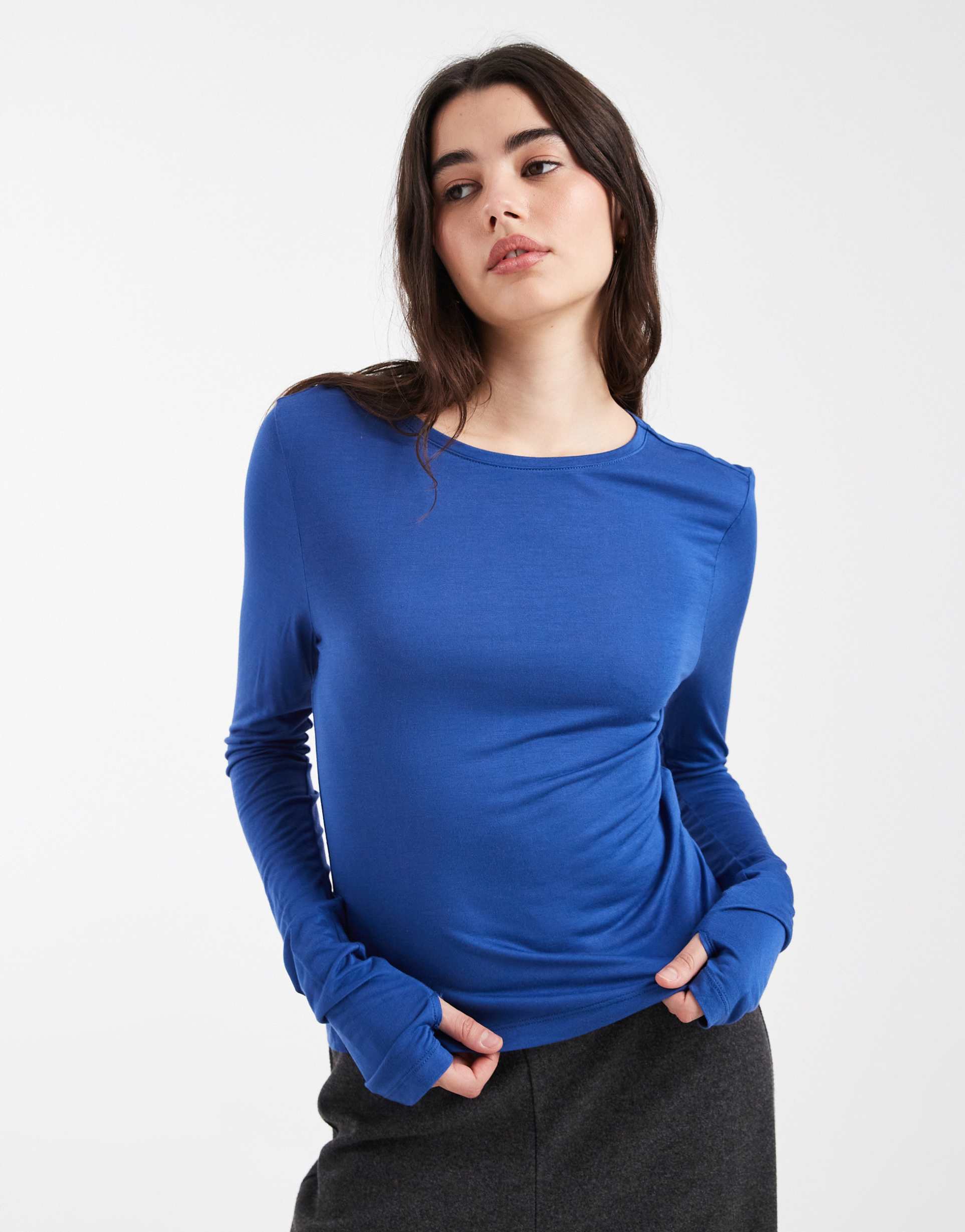 asos design semi sheer long sleeve second skin top in blue