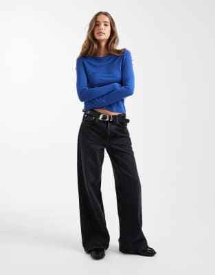 Asos Design Semi Sheer Long Sleeve Second Skin Top In Blue