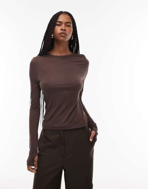 ASOS DESIGN semi sheer long sleeve second skin top in chocolate - view 1
