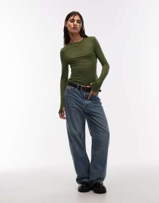 Asos Design Semi Sheer Long Sleeve Second Skin Top In Green